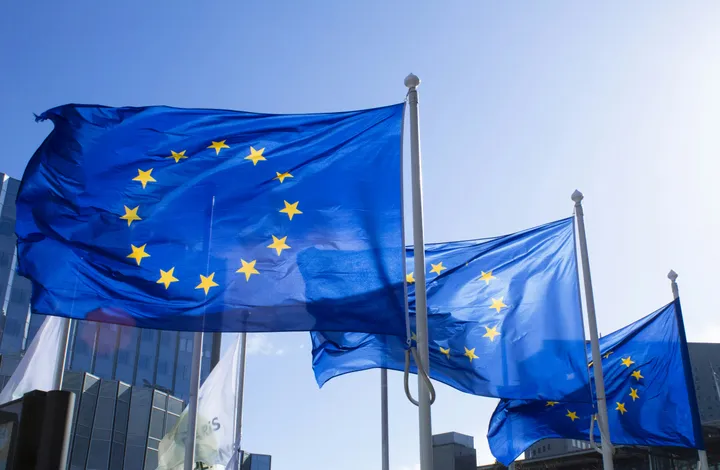 European Union flags flying outside a building